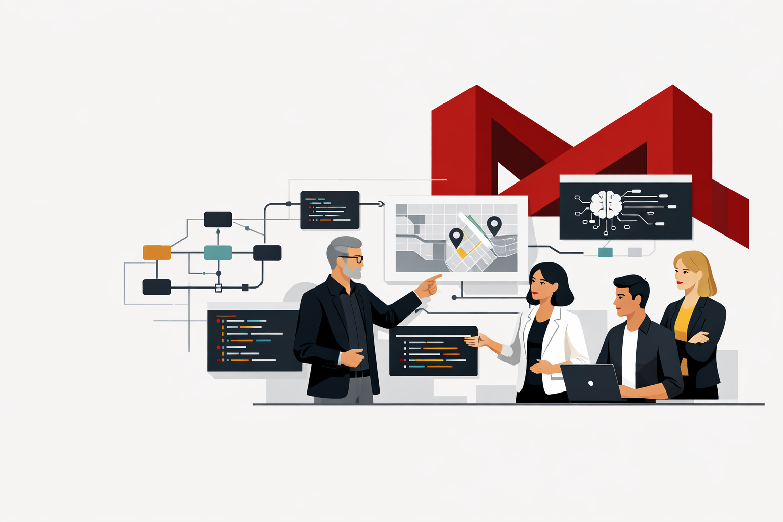 Moloks consultants working with software systems, maps, and AI workflows